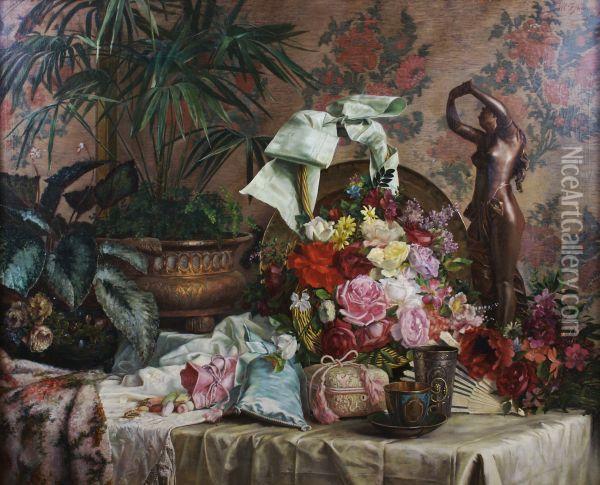 Still Life With Flowers And Bronze Sculpture Oil Painting - Albert Francois Fleury