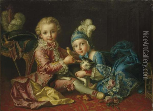 Portrait De Deux Enfants Jouant Avec Un Chat Et Un Canari Oil Painting - Francois-Hubert Drouais