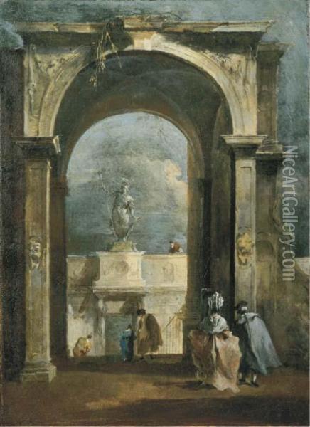 An Architectural Capriccio With 
Elegant Figures And A Classicalarch, A Statue Above A Portico In The 
Distance Oil Painting - Francesco Guardi