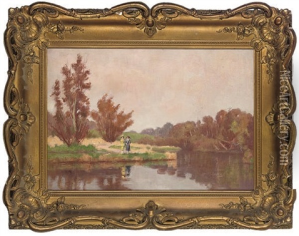 A Walk By The Lake Oil Painting - Thomas Bond Walker