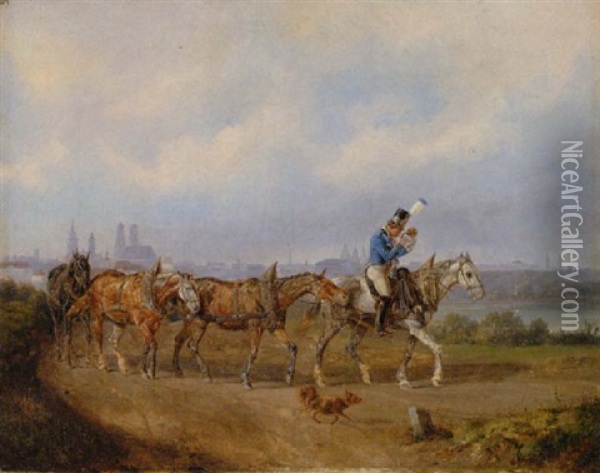 Postillion Mit Seinen Vier Pferden Auf Dem Heimweg, Im Hintergrund Die Silhouette Von Munchen Oil Painting - Johann Adam Klein