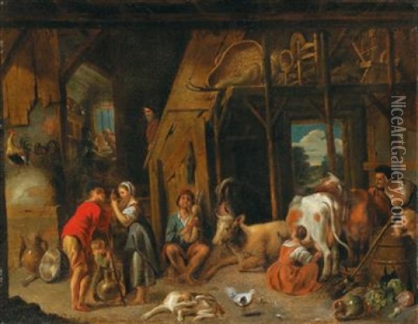 An Interior Of A Farm With Peasants At Work Oil Painting - Jacob Jordaens