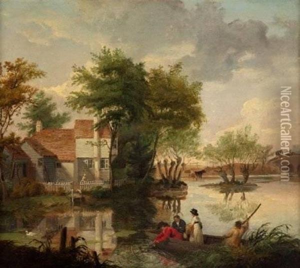 River Landscape With Figures In A Boat