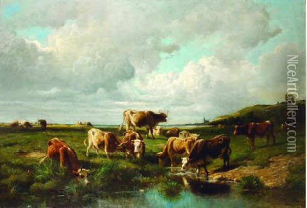 Vaches S'abreuvant Oil Painting - Rene Joseph Menard