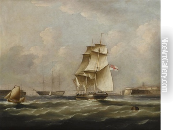 A Naval Brig Of The White Fleet Approaching An Anchorage Oil Painting - Thomas Buttersworth
