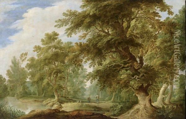 A Wooded Landscape With A Stream And Shepherds With Their Flock On A Path Oil Painting - Alexander Keirinckx
