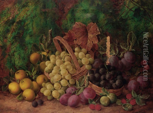 Red and white grapes, plums, raspberries, quinces and greengages on a mossy bank Oil Painting - George Clare