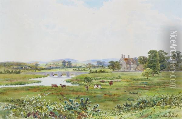 Cattle In A Meadow By A River Near Wool In Dorset Oil Painting - Francis James Barraud