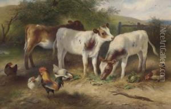 Calves, Chickens And A Cockerel Oil Painting - Walter Hunt