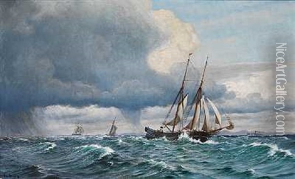 Sejlskibe Pa Havet I Blaest Og Regn Oil Painting - Christian Blache
