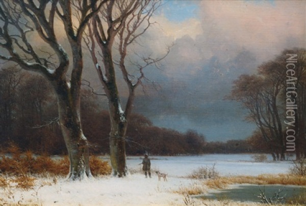 Hunter With Dog In The Winter Forest Oil Painting - Nordahl (Peter Frederik N.) Grove