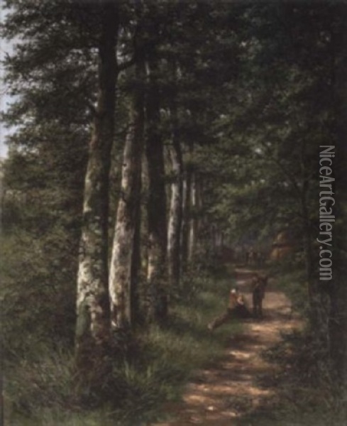 Figures Chatting On A Tree Lined Path Oil Painting - Lion Schulman