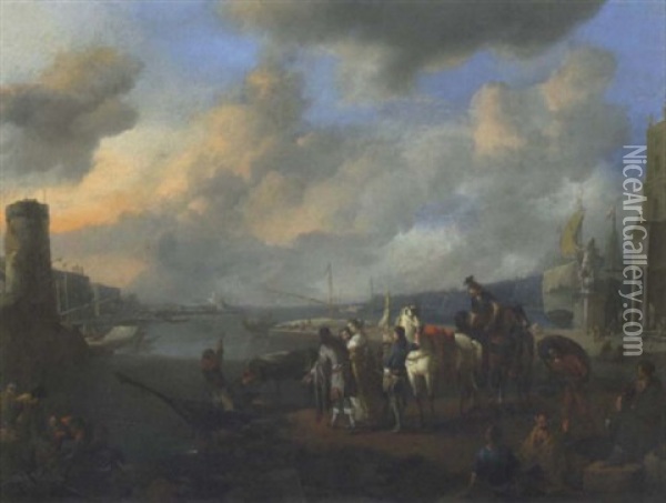 Vue D'un Port Mediterraneen Oil Painting - Johannes Lingelbach
