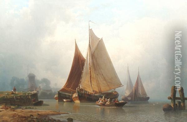 Vessels In An Estuary At Low Tide 'h. Mevius. 1862' (lower Right) Oil Painting - Hermann Mevius
