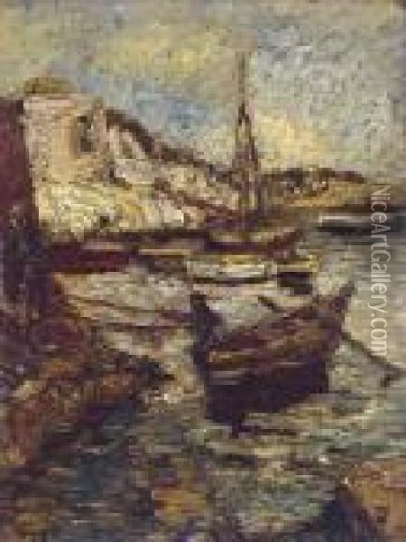 Boats In A Harbour Oil Painting - Adolphe Joseph Th. Monticelli