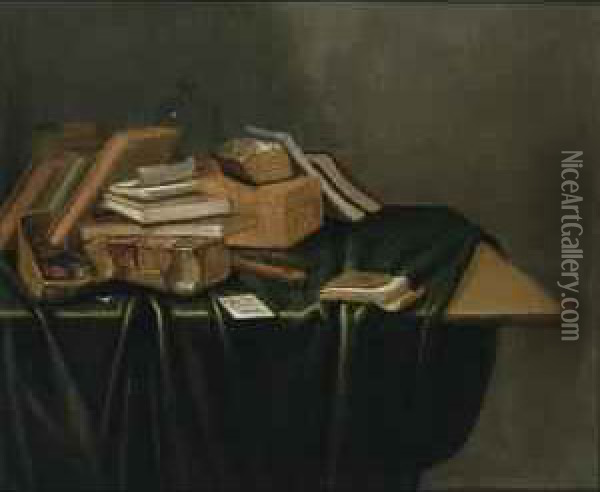 A Still Life With Books, A 
Wooden Box , A Stove, A Pipe And A Flute, All On A Wooden Table Draped 
With A Green Cloth Oil Painting - Gerrit Van Vucht