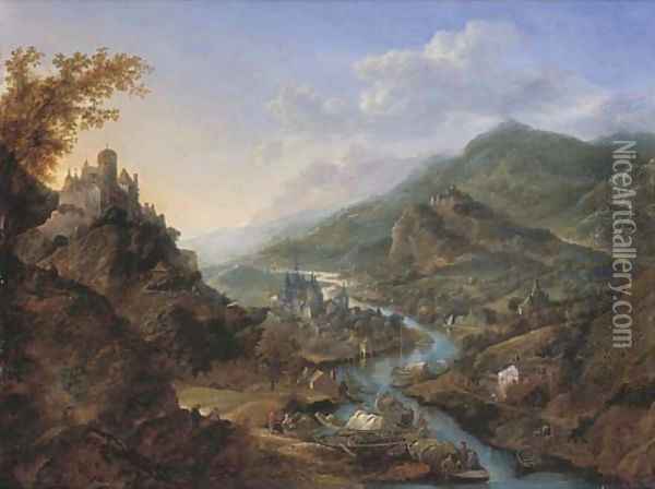 A Rhenish landscape with travellers and figures on moored boats near a castle on a hill, a town beyond Oil Painting - Jan Griffier