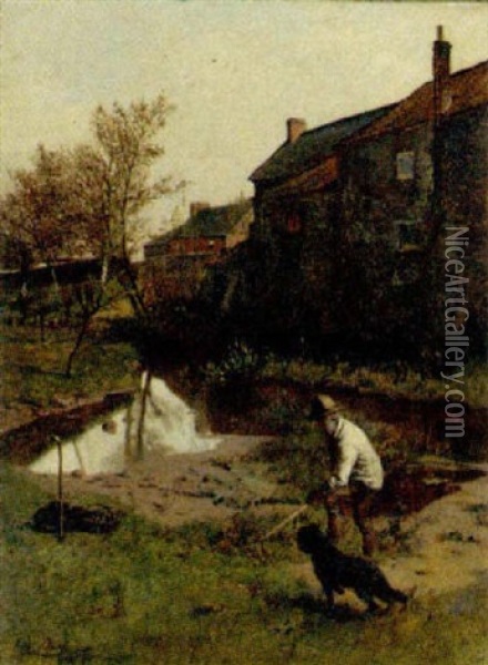 A Farmer With His Dog By A Pond Oil Painting - Harry Frier