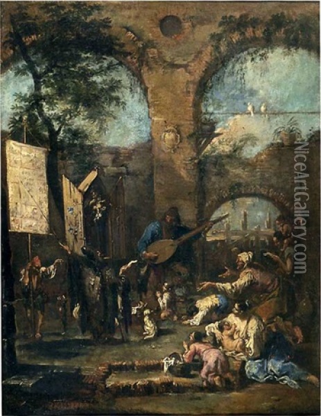 Chanteur Ambulant Et Gens Du Peuple Parmis Des Ruines Oil Painting - Alessandro Magnasco