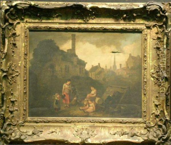 Children Beside A Factory, Masham, Yorkshire Oil Painting - Julius Caesar Ibbetson