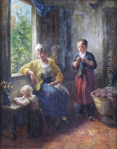 Interior Scene With Two Women And A Child Oil Painting - Bernard de Hoog