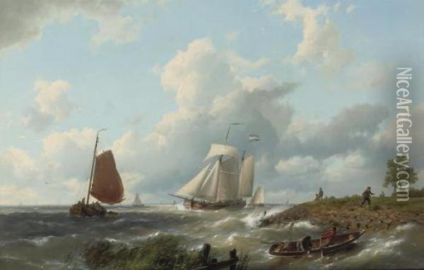 A Strong Breeze Over A Busy Waterway Oil Painting - Hermanus Koekkoek