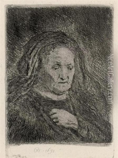 The Artist's Mother With Her Hands On Her Chest: Small Bust Oil Painting - Rembrandt Van Rijn