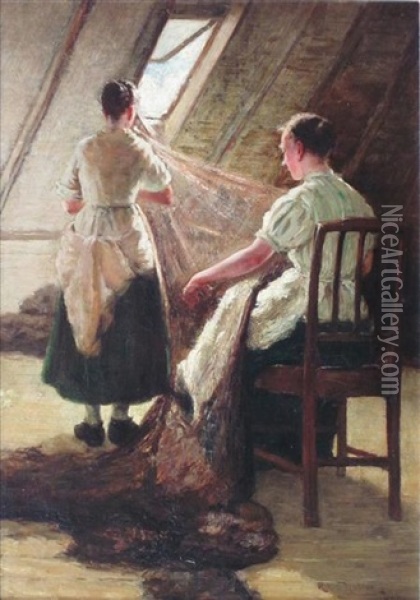 Mending The Nets Oil Painting - Robert Noble