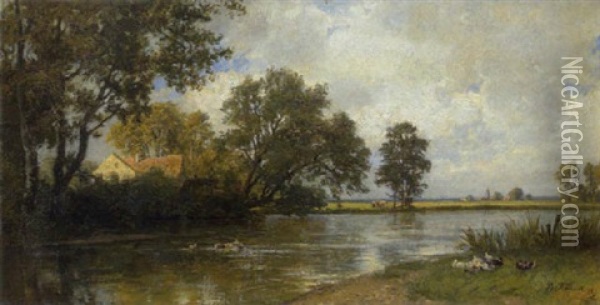 Gehoft Am Flussufer (an Der Amper?) Oil Painting - Philipp Roeth