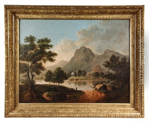 Idyllic Mountain Landscape With Castle Ruins And Marble Temple On Opposite Bank Of Lake Oil Painting - Thomas Chambers