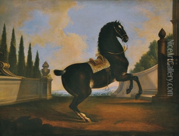 Saddled Horse (+ The Horse Jumping; Pair) Oil Painting - Frantisek Theodor Dallinger