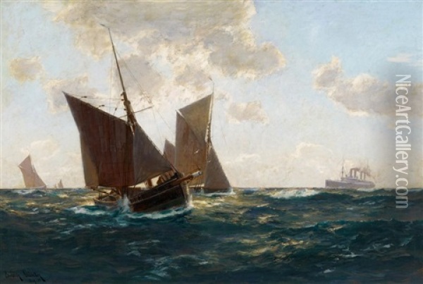 Groses Seestuck Mit Kustenseglern Und Einem Dampfer Oil Painting - Erwin Carl Wilhelm Guenther
