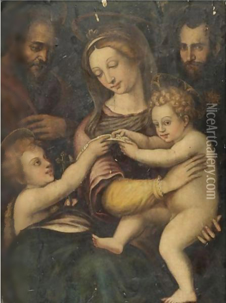 The Holy Family With The Infant Saint John The Baptist And Saint Nicholas Of Tolentino Oil Painting - Raphael (Raffaello Sanzio of Urbino)