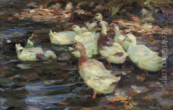 Duckscavorting At Shore Oil Painting - Alexander Max Koester