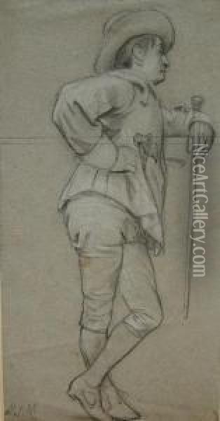 Study Of A Man Standing Full-length Leaning On A Fence Oil Painting - Henry Stacy Marks