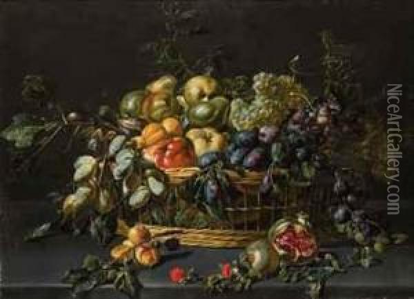 A Basket Of Grapes, Apples, Pears, Peaches, Apricots And Otherfruit On A Ledge Oil Painting - Adriaen van Utrecht