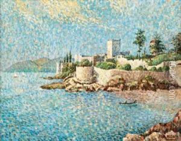 Boats Off A Fortified Town Oil Painting - Auguste Michel Colle