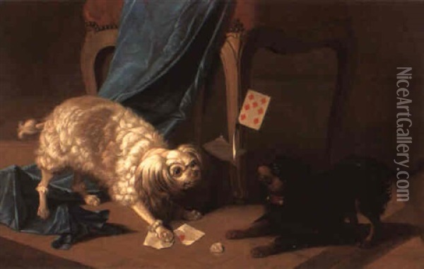 A White Poodle And A Blenheim Spaniel Fighting Over A Game Of Cards Oil Painting - Gabriel Rouette