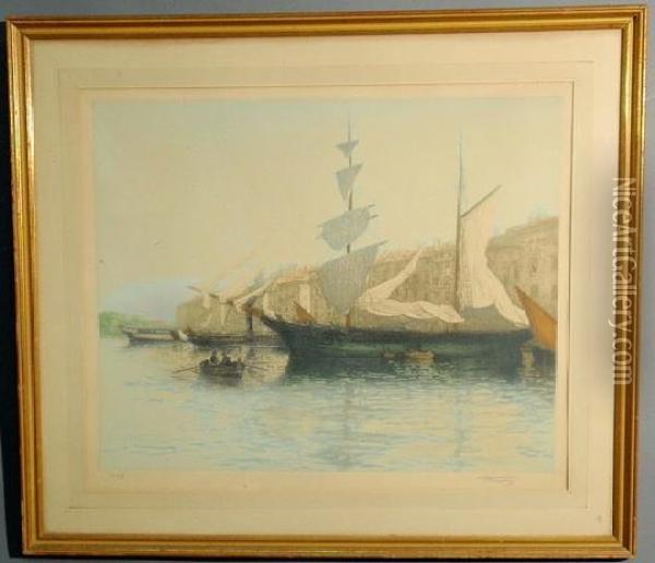 A Sailing Ship And Dinghies In Port Oil Painting - Eugene Baptiste E. Dauphin