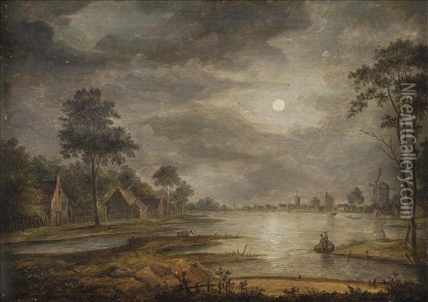 Moonlit Lake Scene Oil Painting - Aert van der Neer