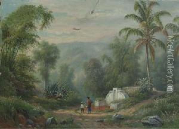 Figures Passing Chinese Graves In An Indonesian Landscape Oil Painting - Maurits Ernest Hugo Rudolph Van Den Kerckhoff