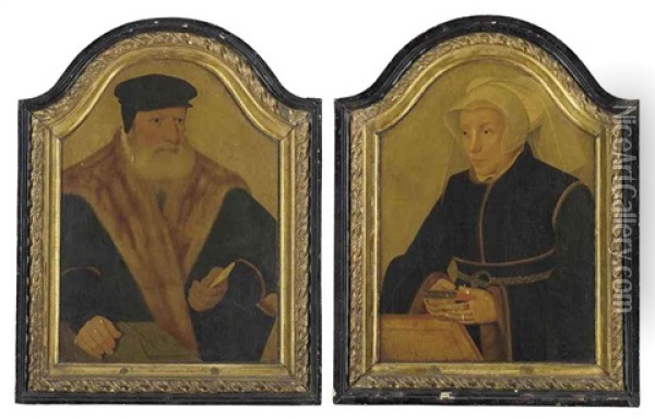 Portrait Of A Bearded Gentleman, In A Black Coat And Cap... (+ Portrait Of A Lady, In A Black Gown And White Wimple, Holding A Book; Pair) Oil Painting - Bartholomaeus (Barthel) Bruyn the Younger