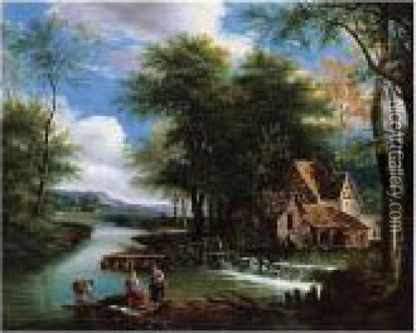 River Landscape With A Mill Oil Painting - Alexandre-Hyacinthe Dunouy