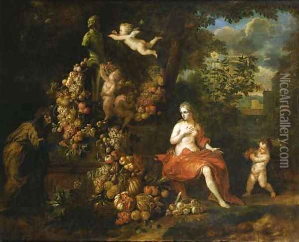 Vertumnus and Pomona, putti decorating a statue of Pan with a swag of fruit, in a landscape Oil Painting - Jan Pauwel II the Younger Gillemans
