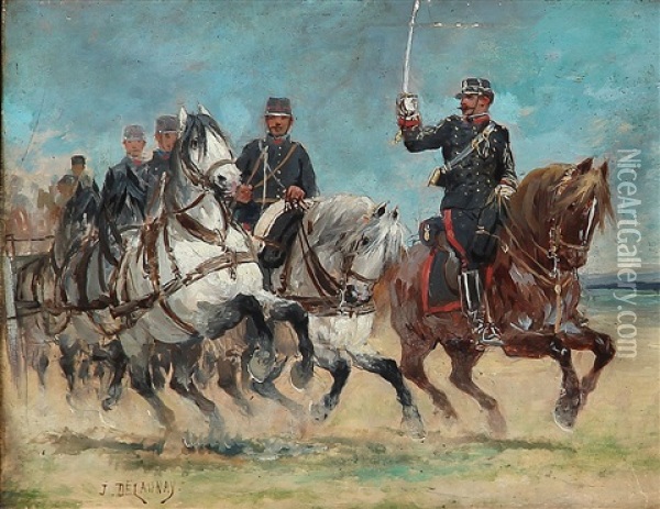 French Soldiers On Horseback Oil Painting - Jules Delaunay