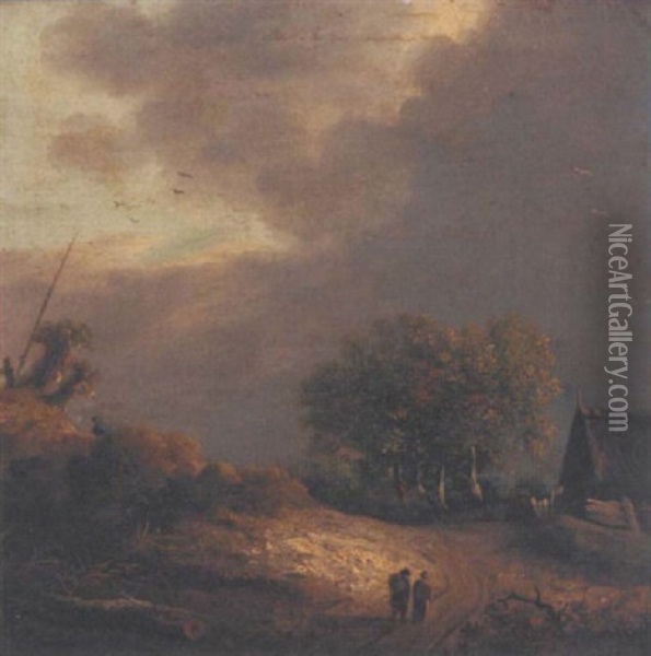 A Wooded Landscape With Figures On A Path Oil Painting - Cornelis Hendriksz Vroom
