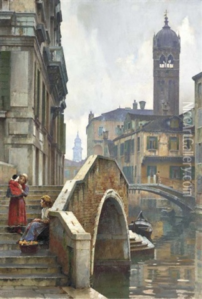 The Ponte Dei Pugni, Venice, With The Campanile Of Sta. Fosca Beyond Oil Painting - William Logsdail