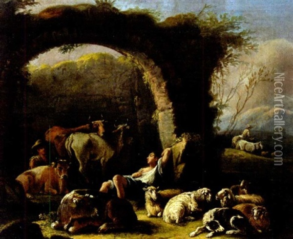 Schlafender Hirte Mit Seiner Herde Oil Painting - Domenico Brandi