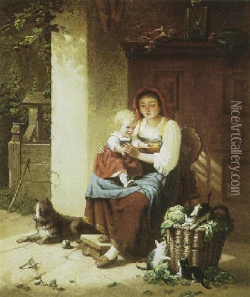 Exterior Med Italiensk Kvinde Og Lille Bard Der Betragter Legende Kattekillinger Oil Painting - Platt Powell Ryder