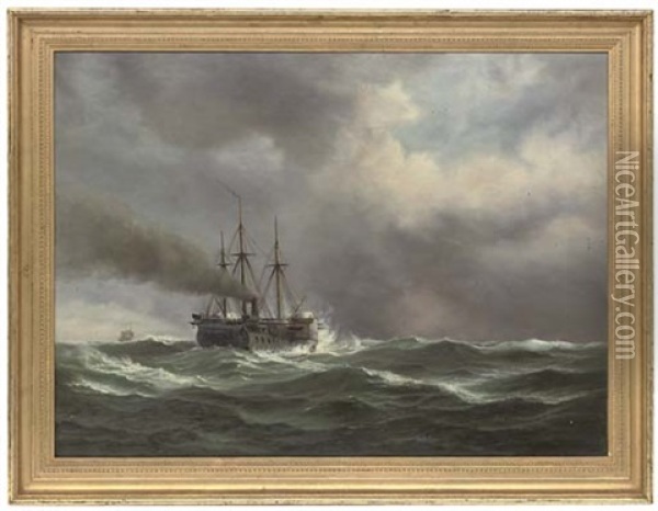 A Paddle Streamer In Heavy Seas, A Ship Beyond Oil Painting - Daniel Hermann Anton Melbye